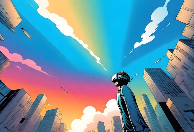 un hombre en un traje azul está mirando un paisaje urbano con un arco iris en el cielo