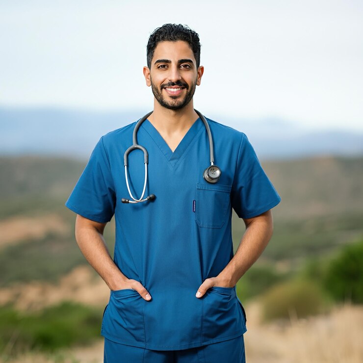 un hombre con un traje azul está de pie en un campo con un estetoscopio en el pecho