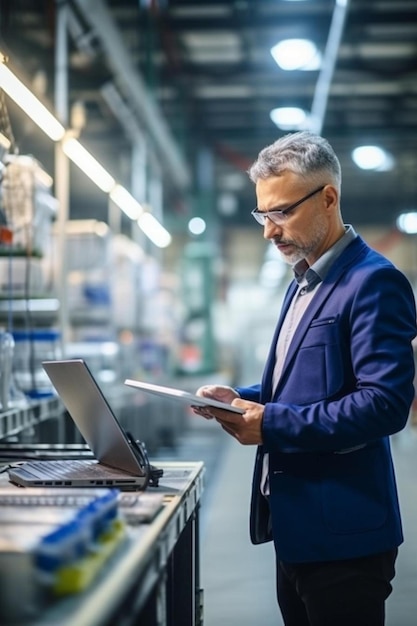 un hombre en un traje azul está de pie frente a una computadora portátil y un libro