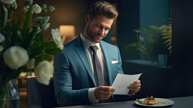 Hombre de traje azul leyendo papel en la mesa Día de Apreciación de Empleados