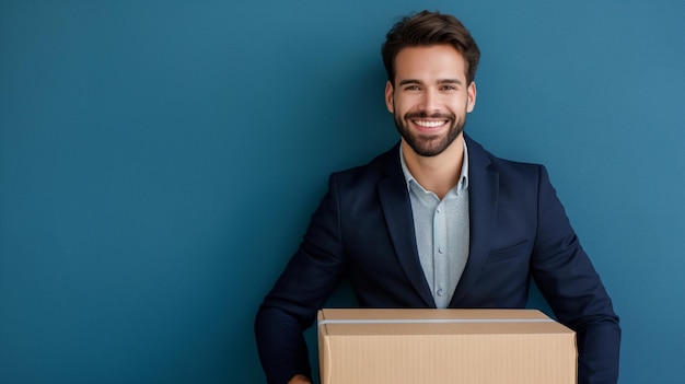 Hombre en traje azul oscuro sonriendo y apoyándose en una caja entregar vista delantera fondo azul