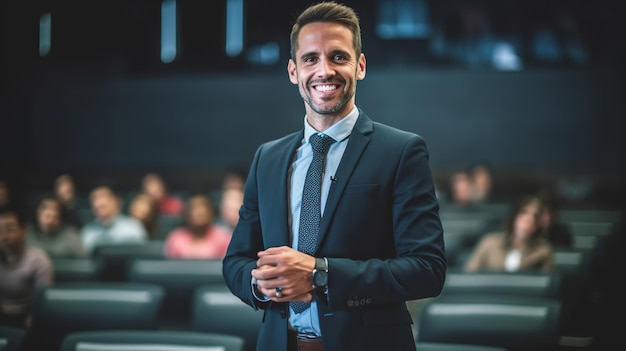 Un hombre en un traje azul en una sala de conferencias moderna con filas de sillas y una gran pantalla borrosa