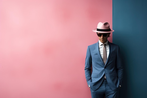 Un hombre con un traje azul y un sombrero sobre un fondo rosa y azul