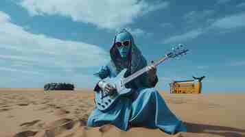 Foto un hombre con un traje azul está tocando una guitarra en la arena