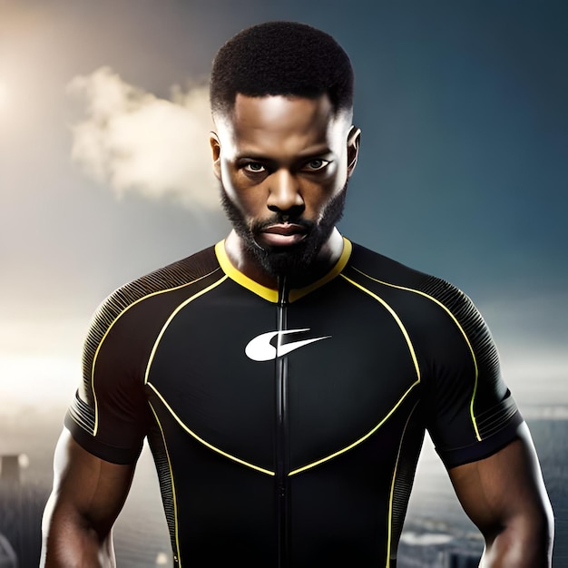 Un hombre con un traje de baño negro y amarillo con el logotipo de Nike en la parte delantera.