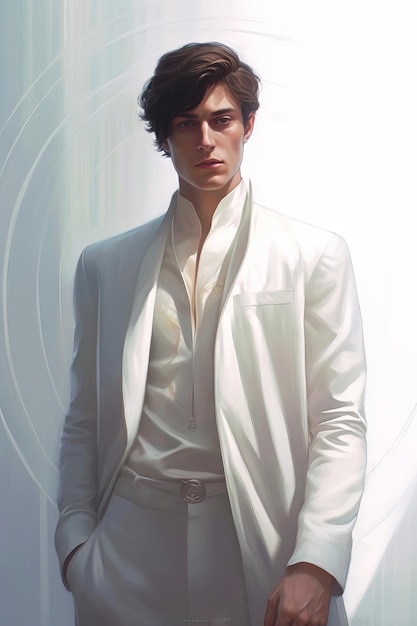 Un hombre con un traje blanco con un círculo en el frente.