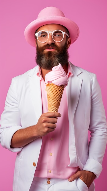 un hombre con un traje blanco con un helado en un fondo rosa concepto de verano generativo ai
