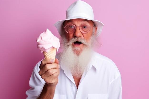 un hombre con un traje blanco con un helado en un fondo rosa concepto de verano generativo ai