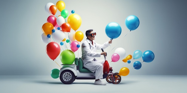 Un hombre de traje blanco monta un coche de juguete con globos en el aire.