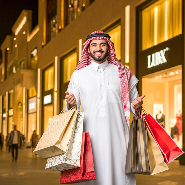 un hombre con un traje blanco y negro lleva bolsas y bolsas