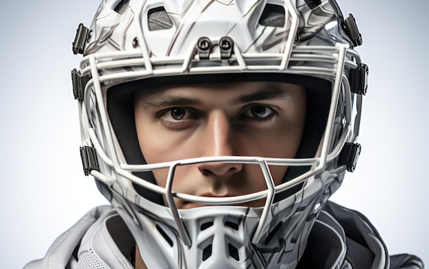 Hombre con traje blanco de portero de hockey sobre hielo Personaje 3D aislado en fondo blanco