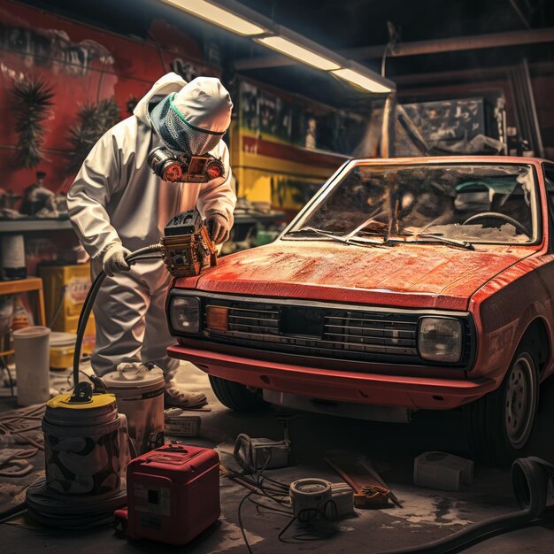 Foto un hombre en un traje blanco rociando un coche rojo