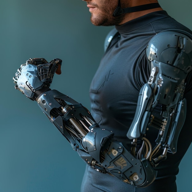 Foto hombre en traje con brazo robótico