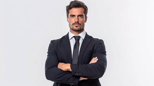 Foto un hombre de traje con los brazos cruzados.