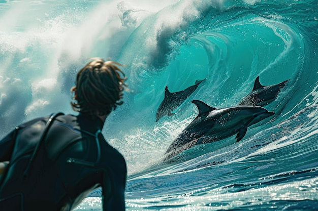 Foto un hombre con un traje de buceo mirando a dos delfines en el océano