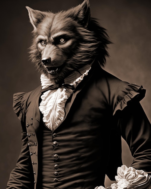 Foto un hombre con traje y cabeza de lobo.