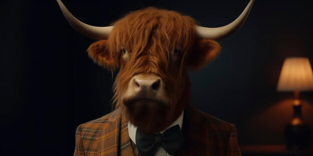 Un hombre de traje con cabeza de toro con traje y corbata de moño.