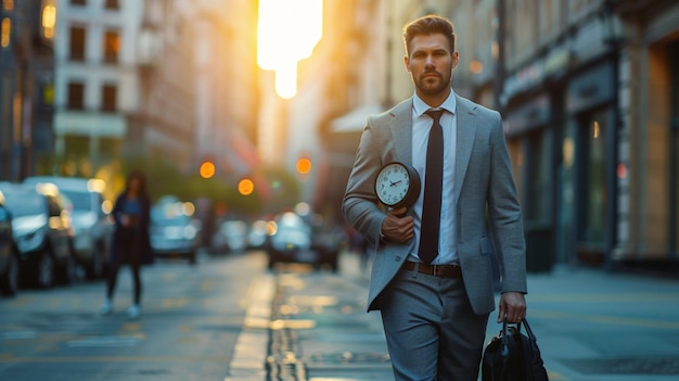 Foto un hombre de traje camina por una calle con un reloj en la mano