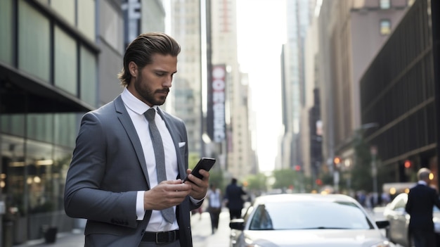 Un hombre de traje caminando por una concurrida calle de la ciudad mirando su teléfono con rascacielos en el fondo