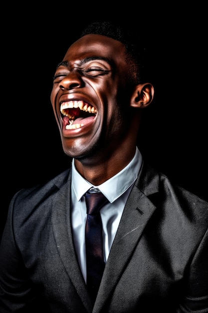 Un hombre de traje con camisa blanca y corbata riéndose.