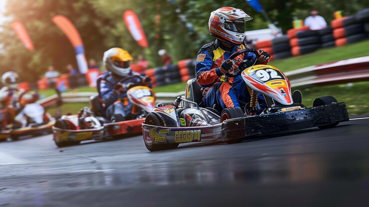 Un hombre con un traje de carreras rojo y azul está conduciendo un kart en una pista
