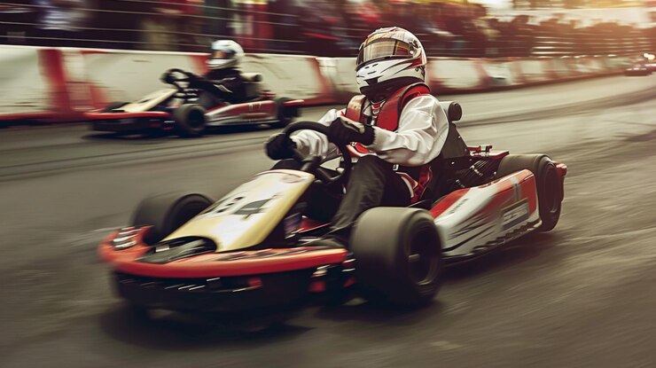 Un hombre con un traje de carreras rojo y blanco está conduciendo un kart en una pista de carreras