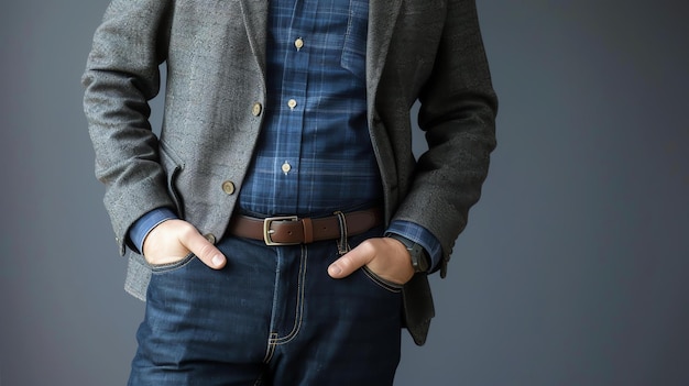 Un hombre con un traje, chaqueta, camisa, vaqueros y un cinturón con las manos en los bolsillos