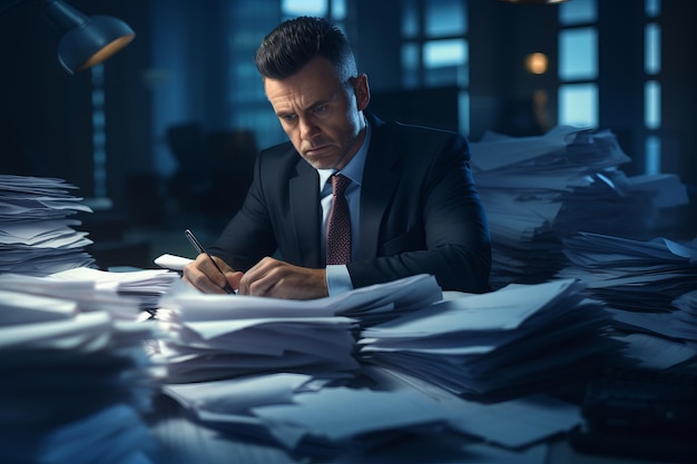 un hombre con un traje clásico se sienta en un escritorio con documentos en la oficina mucho trabajo hombre de negocios generativo ai