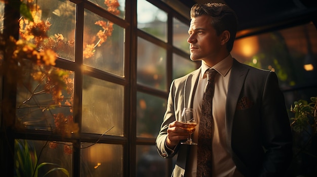 hombre de traje con una copa de vino en el bar