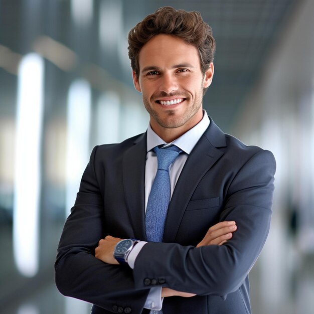 Un hombre con un traje con una corbata azul y una camisa azul con un reloj.