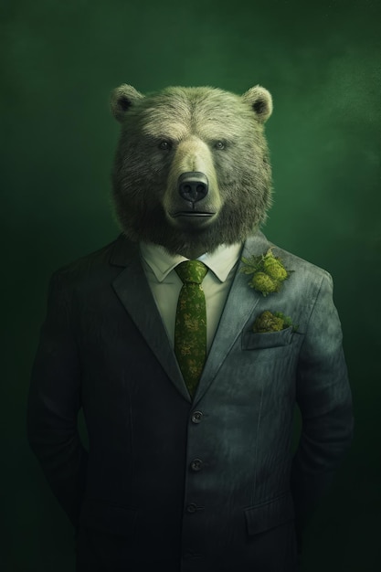 Un hombre con traje y corbata con una cabeza de oso.