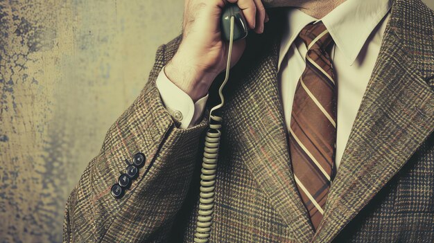 Un hombre con traje y corbata está sosteniendo un receptor de teléfono a su oreja el fondo es una pared sucia el hombre está mirando hacia el lado