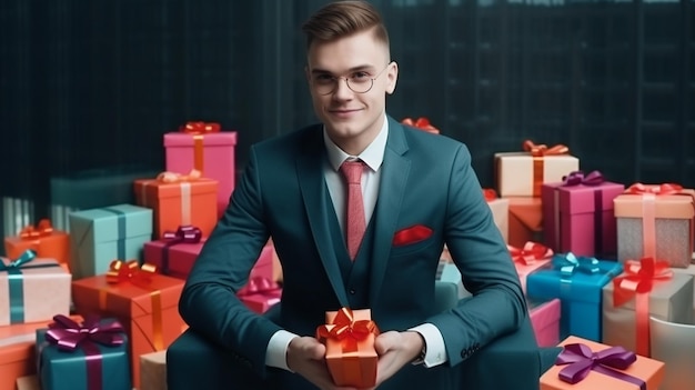 Un hombre con traje y corbata de lazo rojo con un regalo.