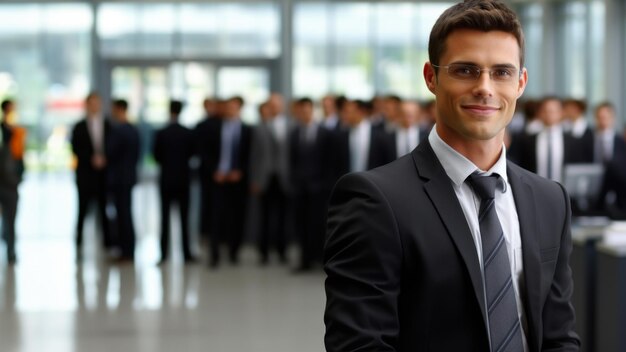 Hombre de traje y corbata liderando el grupo