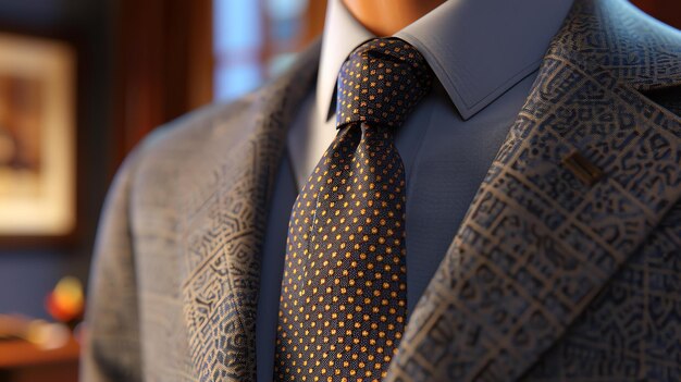 Foto un hombre con un traje y corbata a medida el traje es azul oscuro con un patrón sutil y la corbata es de un rico color dorado