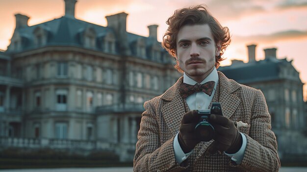 Foto un hombre con traje y corbata de moño se para frente a un edificio con un edificio al fondo.