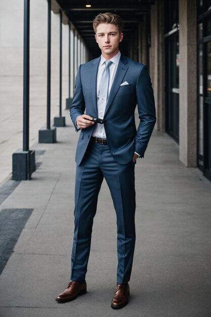 Foto un hombre con un traje y corbata está de pie en una acera