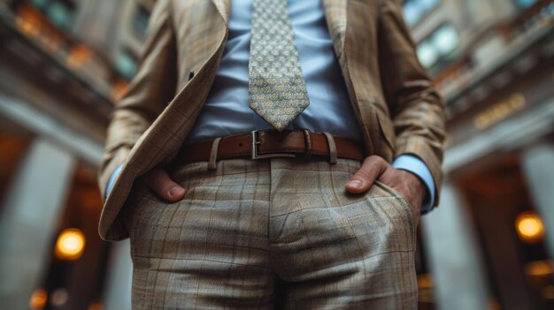 Hombre de traje y corbata de pie en la construcción de IA generativa