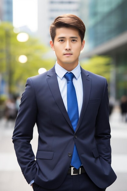 un hombre con un traje y corbata de pie frente a un edificio