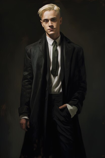 un hombre con un traje y corbata de pie frente a un fondo oscuro