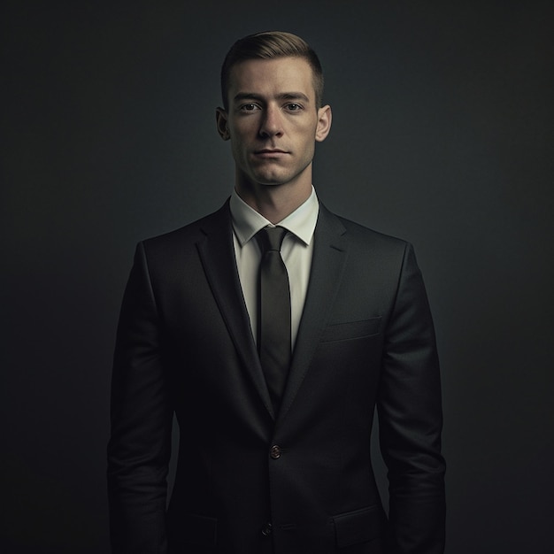 Foto un hombre con traje y corbata está de pie frente a un fondo oscuro.