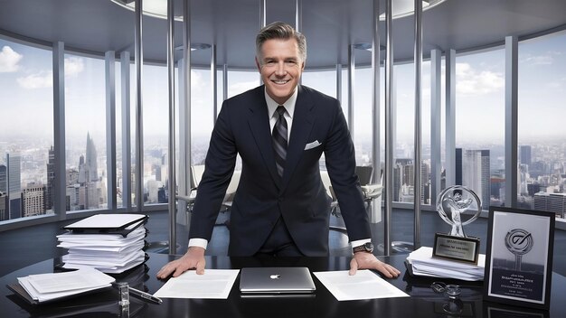 Hombre de traje y corbata de pie en su mesa de la oficina mostrando su éxito