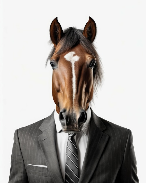 Hombre de traje con corbata a rayas y cabeza de caballo photoshopped en su cuerpo