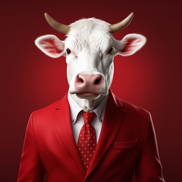 Un hombre de traje con corbata roja y una vaca blanca con traje rojo.