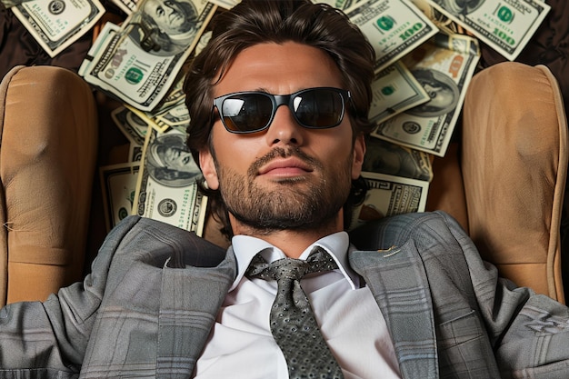 Foto hombre de traje y corbata sentado con dinero