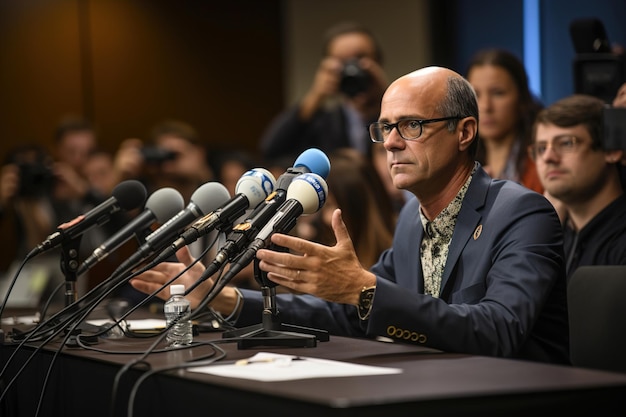 Foto un hombre con traje y corbata sentado frente a un micrófono habla en una conferencia de prensa