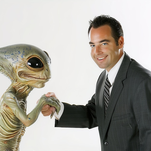 Foto un hombre en traje y corbata está sosteniendo una cabeza alienígena gigante