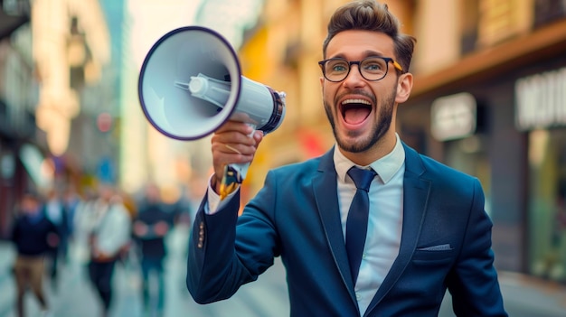 Hombre de traje y corbata sosteniendo un megáfono IA generativa