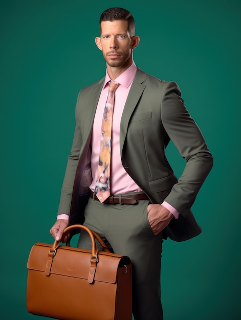 Un hombre con traje y corbata sostiene un maletín de cuero marrón.