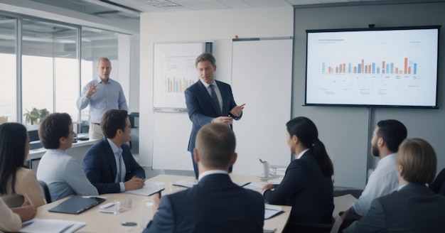 Foto un hombre de traje está dando una presentación a un grupo de personas